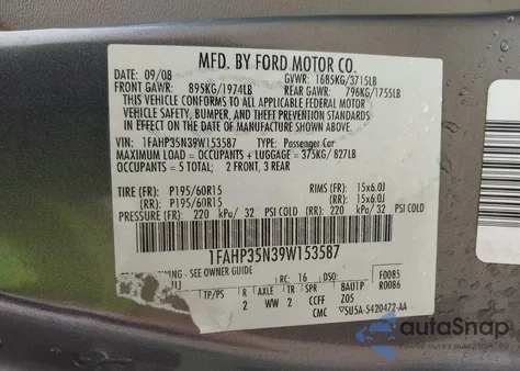 2009 Ford Focus Se из США, поврежденный, VIN 1FAHP35N39W153587
